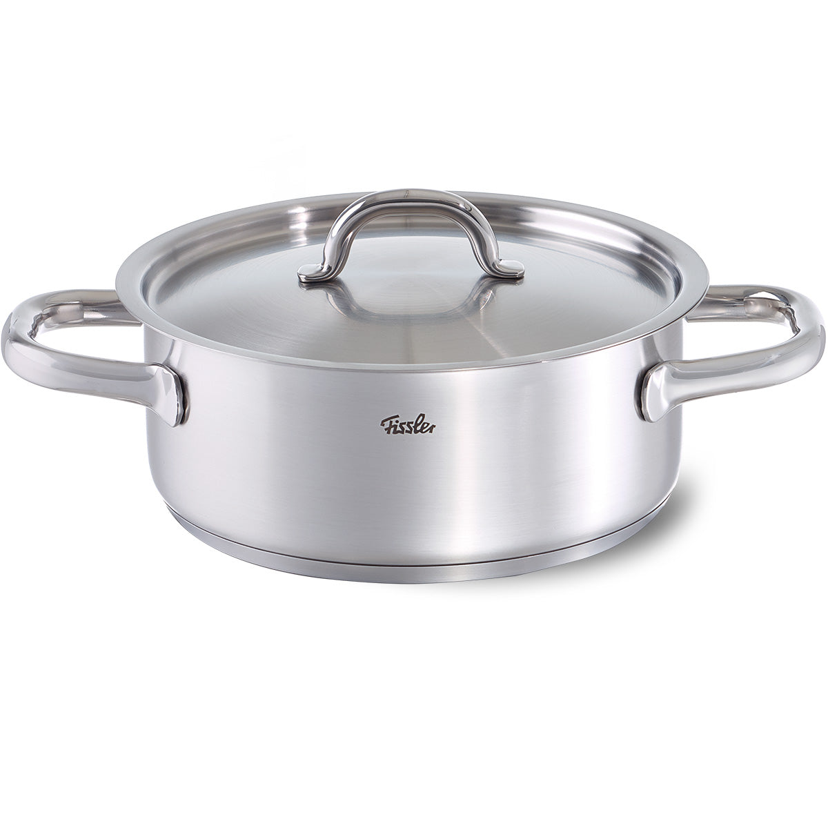 Fissler Family Line Bratentopf aus 18/10 Edelstahl mit Deckel, großen Griffen und Logo-hochwertig, induktionsgeeignet, Made in Germany.