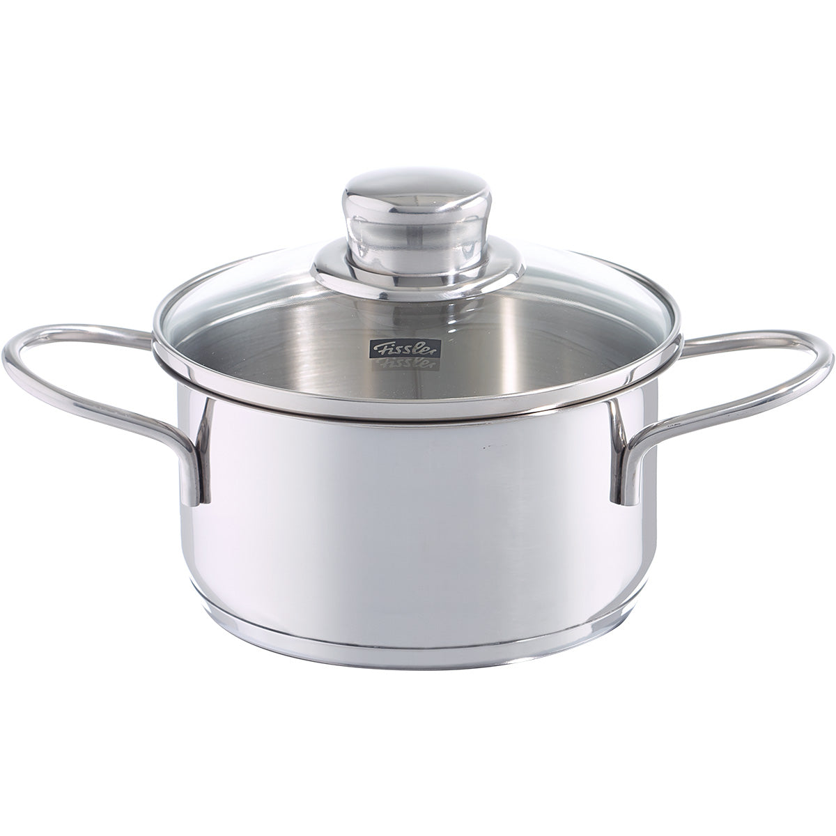 Fissler Häppchen-Set Kochtopf aus Edelstahl mit Griffen, Glasdeckel und Markenlogo, auf weißem Hintergrund präsentiert.