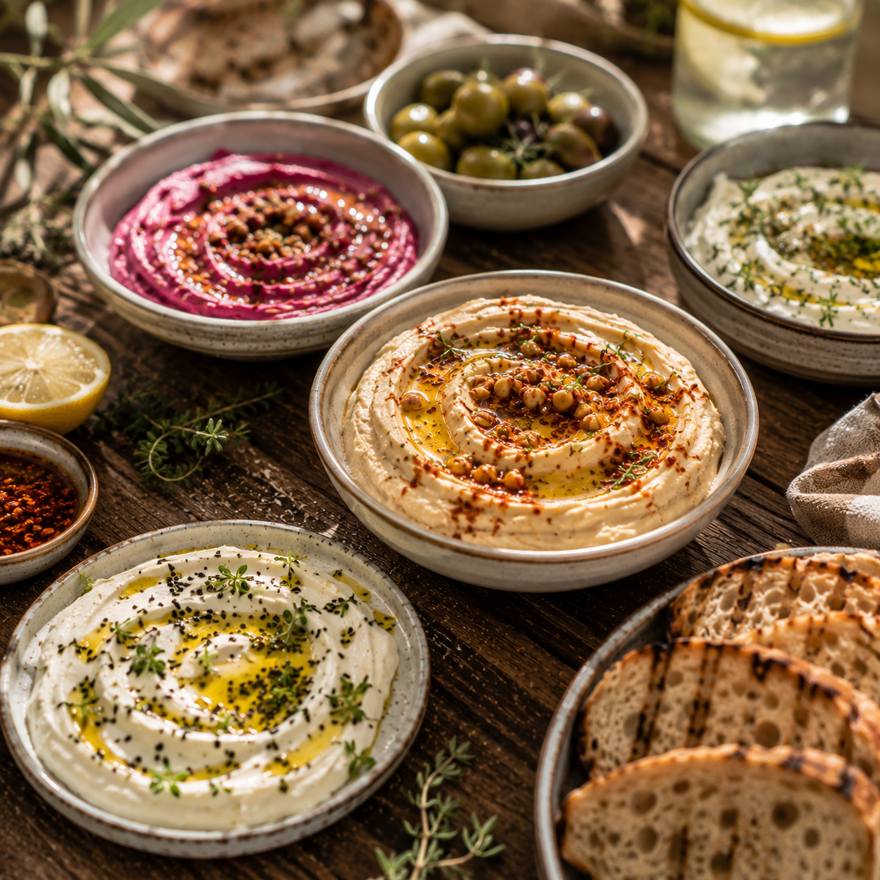 A rustic table set for sharing, showcasing bowls of hummus, beet dip, olives, and labneh artfully garnished with fresh herbs and spices. Lemon wedges, bread slices, and a glass of water with lemon complete the inviting spread atop sunlit wooden boards. Premium stainless steel Fissler cookware brings German craftsmanship to the preparation—timeless design and precision engineering turning every detail into a celebration of flavour.