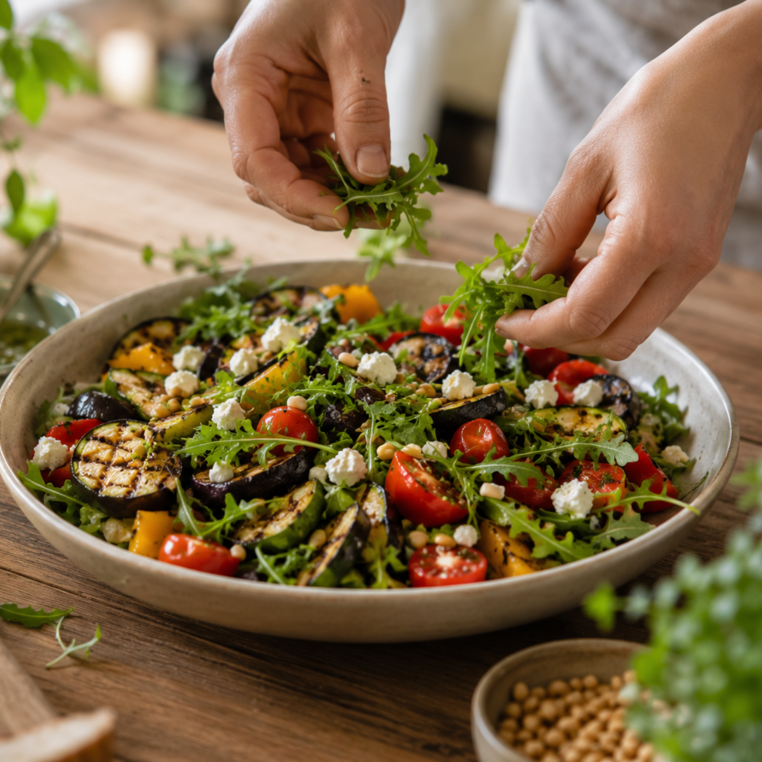 Hands adding fresh arugula to a salad bowl filled with grilled vegetables, cherry tomatoes, and crumbled cheese, all prepared using precision-engineered Fissler cookware on a wooden table for a refined kitchen experience.