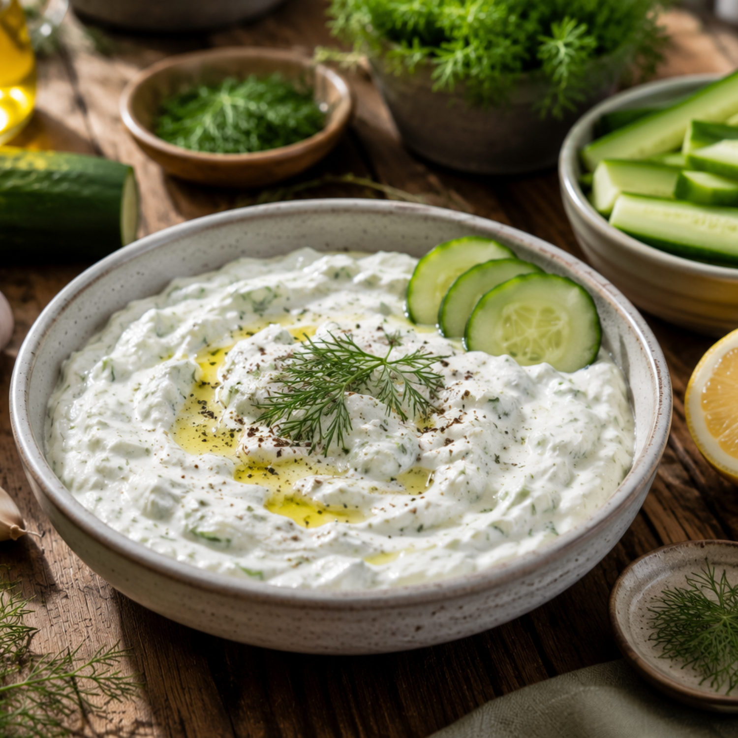A bowl of creamy tzatziki, elegantly garnished with fresh dill, black pepper, olive oil, and cucumber slices, is presented on a rustic table. Surrounding the dish are crisp cucumber sticks, aromatic herbs, bright lemon wedges, and whole garlic cloves—showcasing an inviting spread prepared using Fissler’s precision-engineered cookware and timeless kitchen accessories.