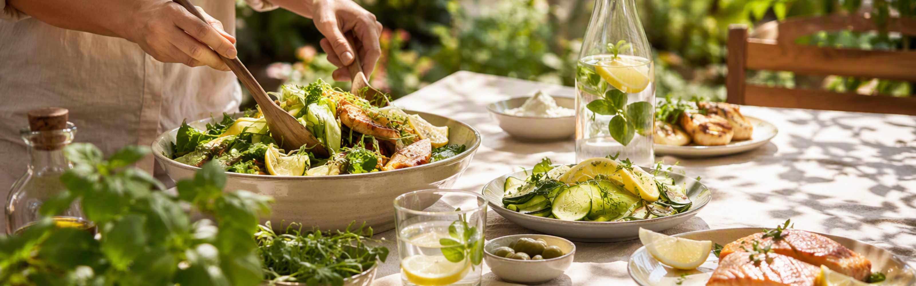 A person serves a fresh green salad outdoors, using elegantly designed Fissler stainless steel cookware and serving dishes. The table, adorned with precision-engineered Fissler pots and pans, is set with crisp salad, fresh vegetables, drinks with lemon, olives, and perfectly grilled fish—all in a sunlit garden that highlights the durability and timeless appeal of Fissler’s German-made products.