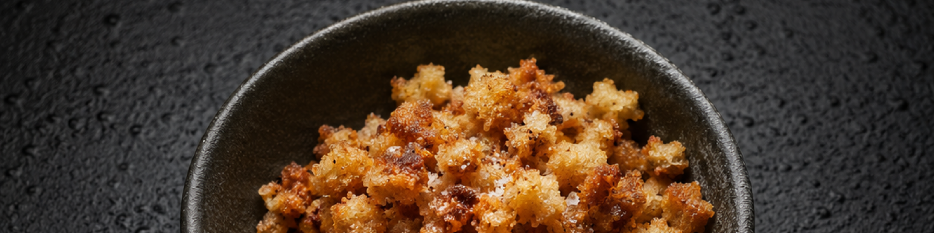 Golden-brown, crispy breadcrumbs presented in a tastefully designed bowl rest atop a dark, textured surface—a testament to culinary precision. Perfectly prepared using Fissler’s high-quality cookware, every crumb reflects our commitment to German engineering, durability, and timeless kitchen excellence.