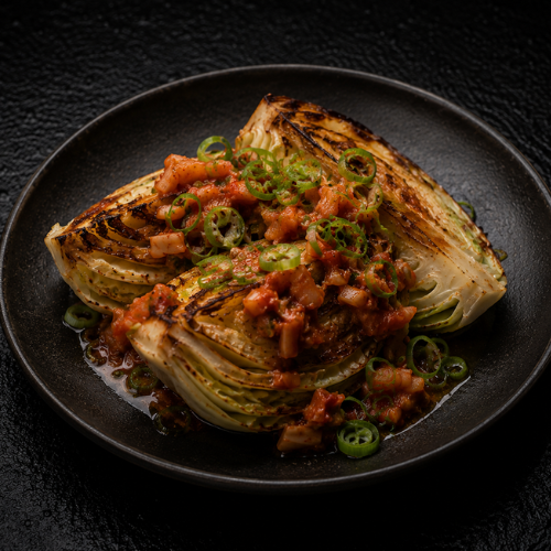 Grilled cabbage wedges with vibrant tomato salsa and fresh green onions, artfully arranged on a sleek dark plate, showcased against a sophisticated black background. The dish reflects precision cooking and elegant presentation inspired by Fissler’s premium German-made cookware.