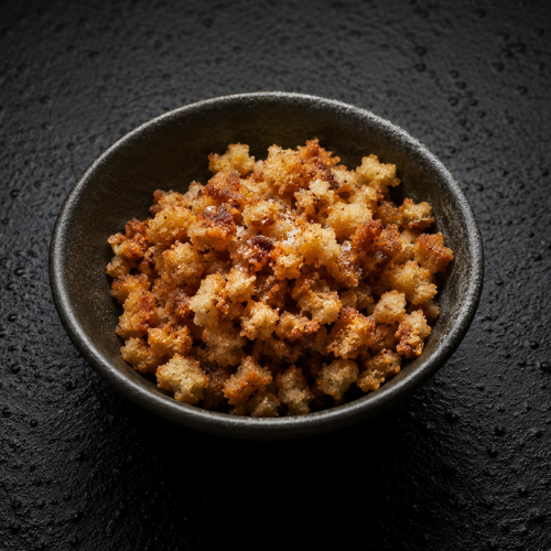 Golden brown, crispy breadcrumbs in a sleek, dark bowl rest on an elegant textured black surface—an inviting complement to Fissler’s precision-engineered stainless steel cookware, exemplifying our commitment to quality and timeless design since 1845.