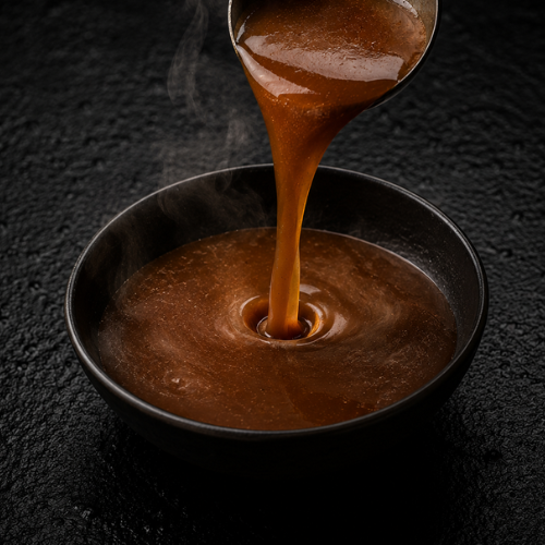 A precisely crafted Fissler stainless steel ladle pours hot, steaming brown gravy into a sleek dark bowl, creating elegant ripples across the surface. The scene is set against a textured black backdrop, highlighting the meticulous design and enduring quality of Fissler cookware.
