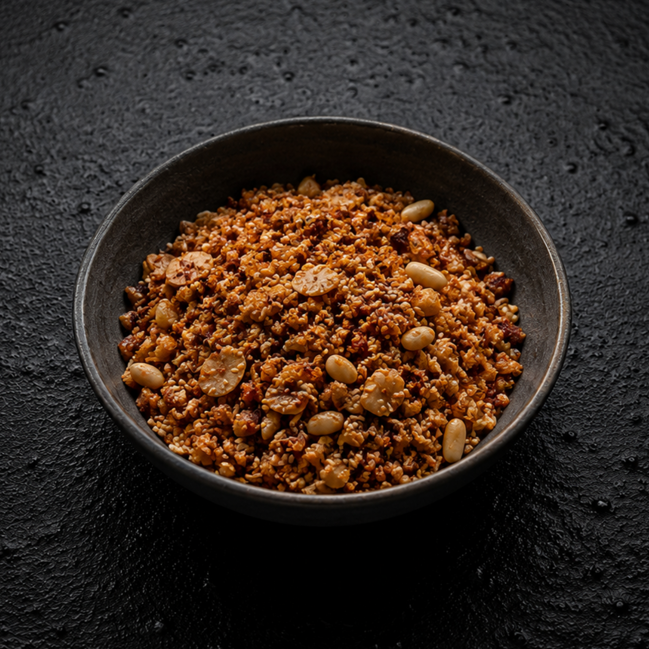 A black bowl containing spiced, roasted peanuts and a crunchy snack mix rests elegantly on a textured dark surface, reflecting the enduring quality and timeless design synonymous with Fissler’s German-engineered cookware.