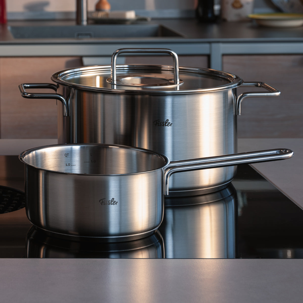 Fissler Edelstahltöpfe, einer mit Deckel und einer offen, auf einer eleganten schwarzen Induktionskochplatte - Präzision, Haltbarkeit, zeitloses Design.