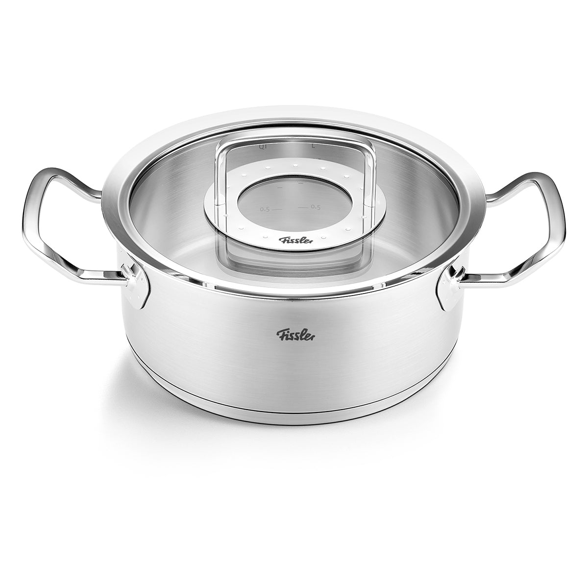Original-Profi Collection® Bratentopf aus Edelstahl 18/10, zwei Griffe, Glasdeckel mit Metallgriff, für Induktion. Fissler Logo vorn.