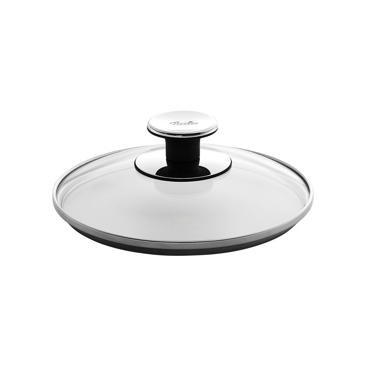 Fissler Glasdeckel-transparenter Deckel mit rostfreiem Rand und rundem Knauf, passend zu Fissler Pfannen, spülmaschinengeeignet. Weißer Hintergrund.