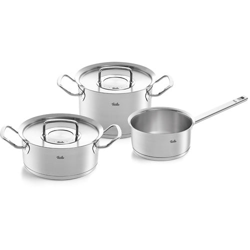 Fissler Original-Profi Collection® 3-piece stainless steel set: 2 pots with Lid, 1 Saucepan with long handle. Iconic German design.