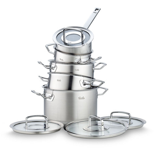 Fissler Original-Profi Collection® 5-piece stainless steel Cookware Set, Made in Germany, dishwasher-safe and stackable.