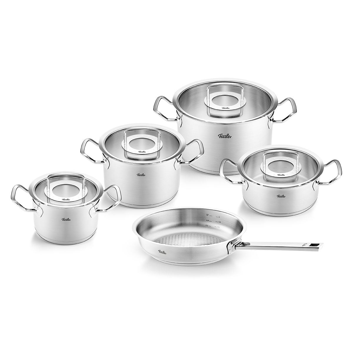 Fissler Original-Profi Collection® 5-piece set: 4 pots & Frying Pan, 18/10 Stainless Steel, precisely crafted, arranged on white.