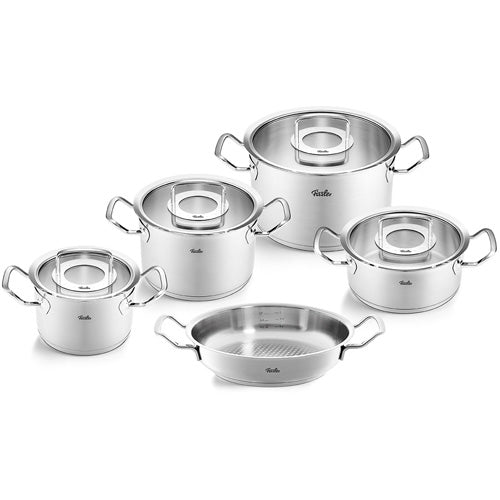 Fissler Original-Profi Collection® 5-piece set: high-quality pots and pans made of 18/10 Stainless Steel, Glass Lid, double handles, dishwasher-safe.