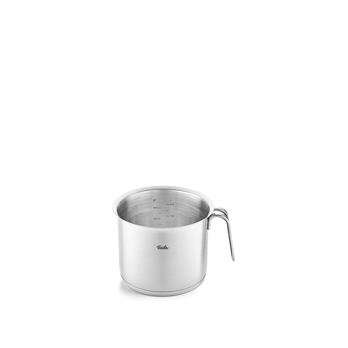 Fissler Original-Profi Collection® Milchtopf 16cm, Edelstahl, mit Griff und Innenmarkierung, auf weiß. Hergestellt in Deutschland.