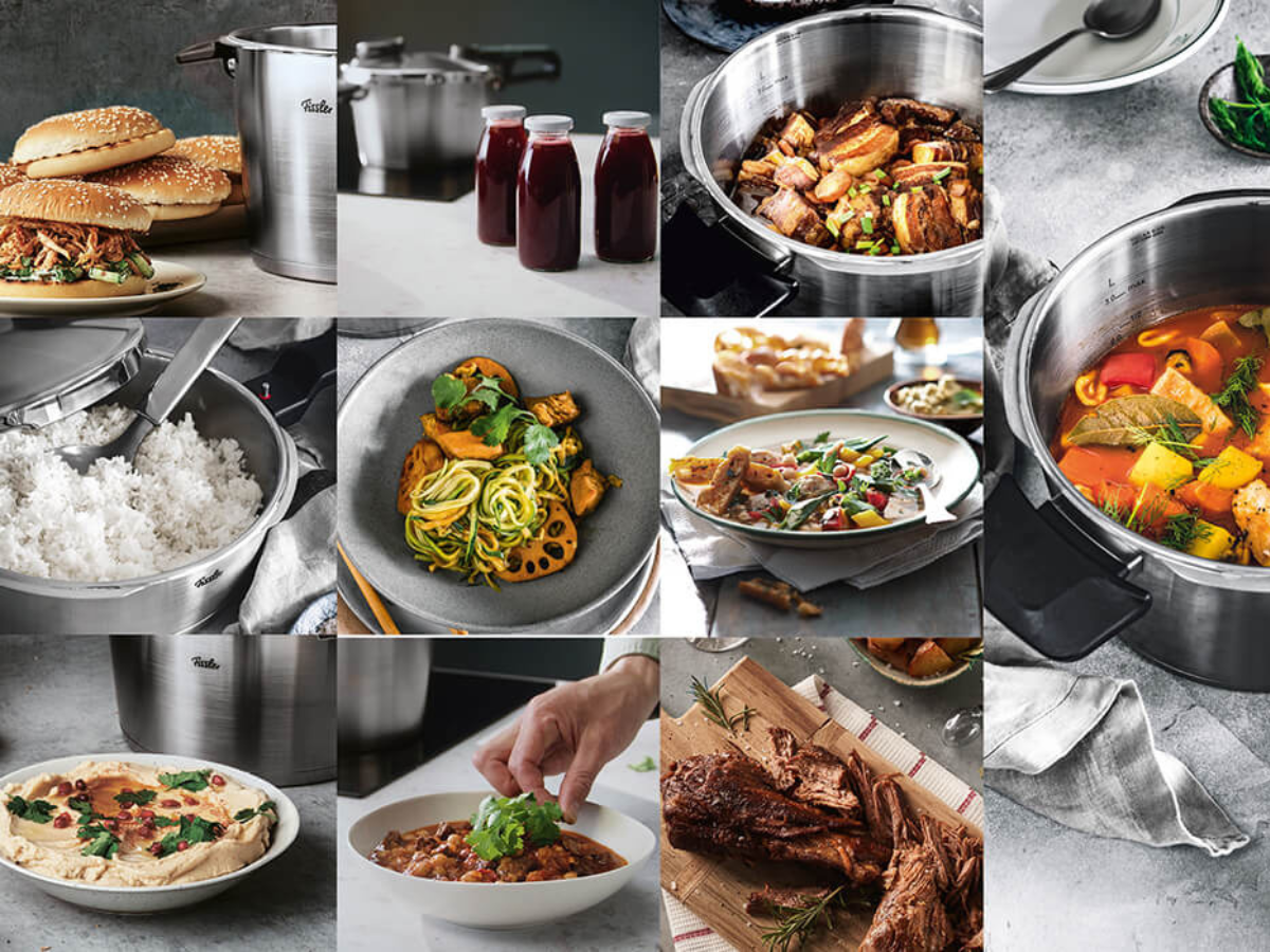 Eine Collage aus Töpfen, Pfannen und Kochgeschirr von Fissler aus rostfreiem Stahl mit Gourmetgerichten und Getränken vor einem schlichten grauen Hintergrund.