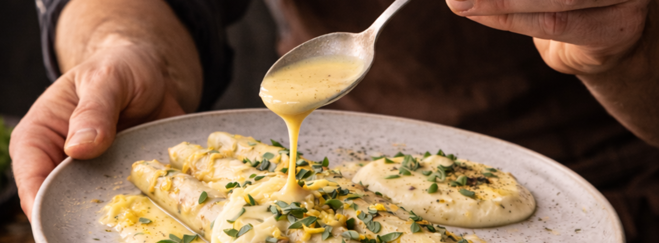 Weißer Spargel mit Kräutern, elegant angerichtet mit Fissler Kochgeschirr, das Präzision und zeitloses deutsches Design zeigt.