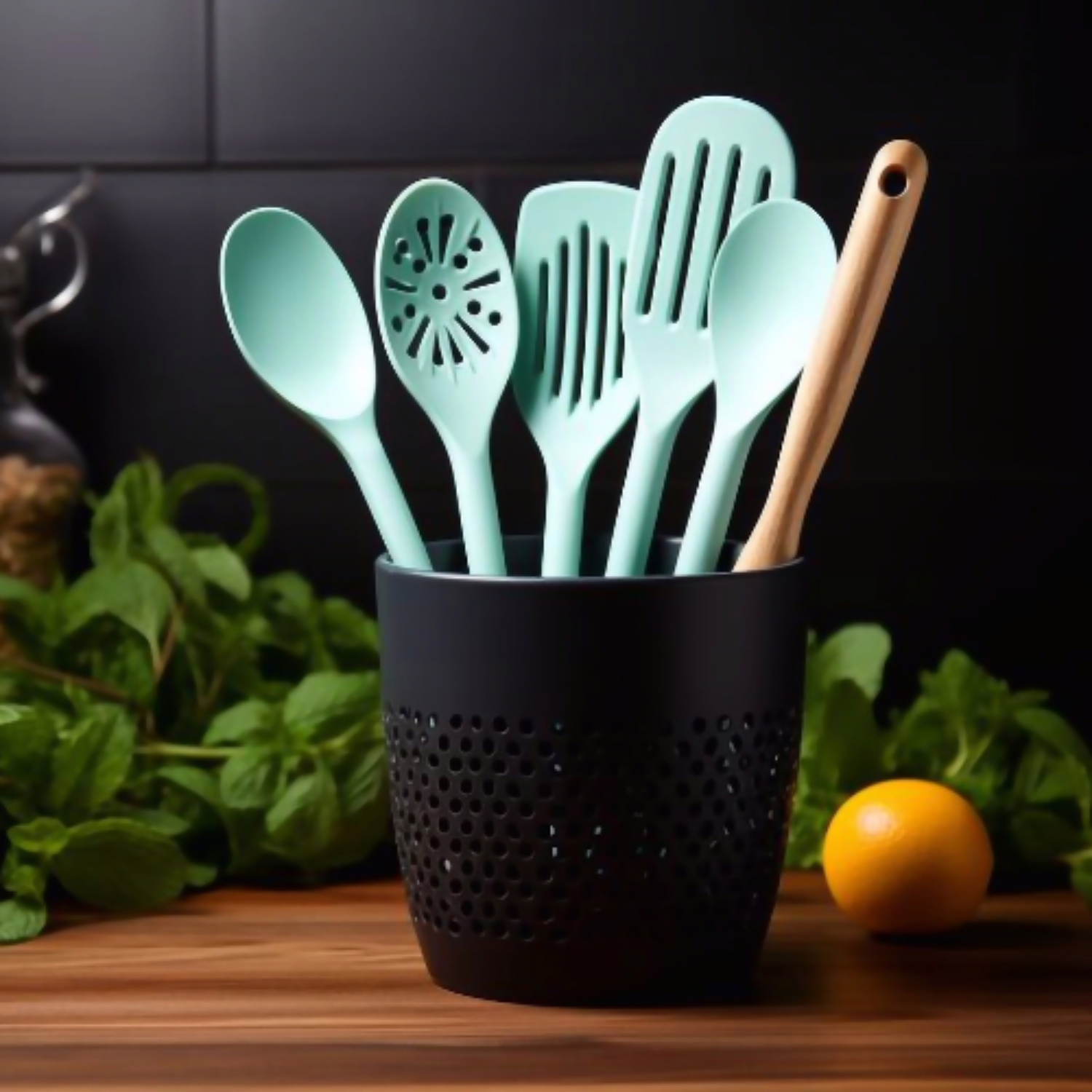 Fissler mint green kitchen utensil set with fresh herbs and lemon in an elegant black holder on wood, presented in a timeless design.
