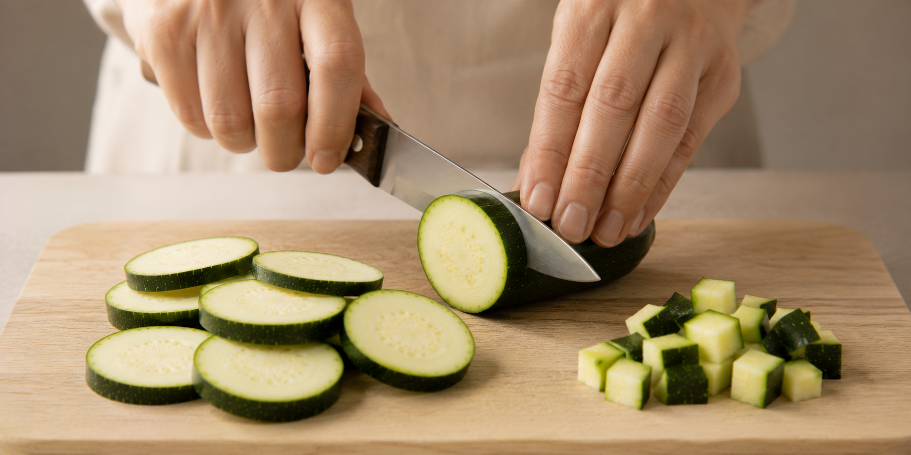 Auf einem Holzschneidebrett werden Zucchini gekonnt in Scheiben geschnitten; daneben liegen ordentlich geschnittene Zucchini-Scheiben und gewürfelte Stücke neben einem hochwertigen Fissler-Küchenmesser aus Edelstahl, das Präzision und zeitloses Design widerspiegelt.