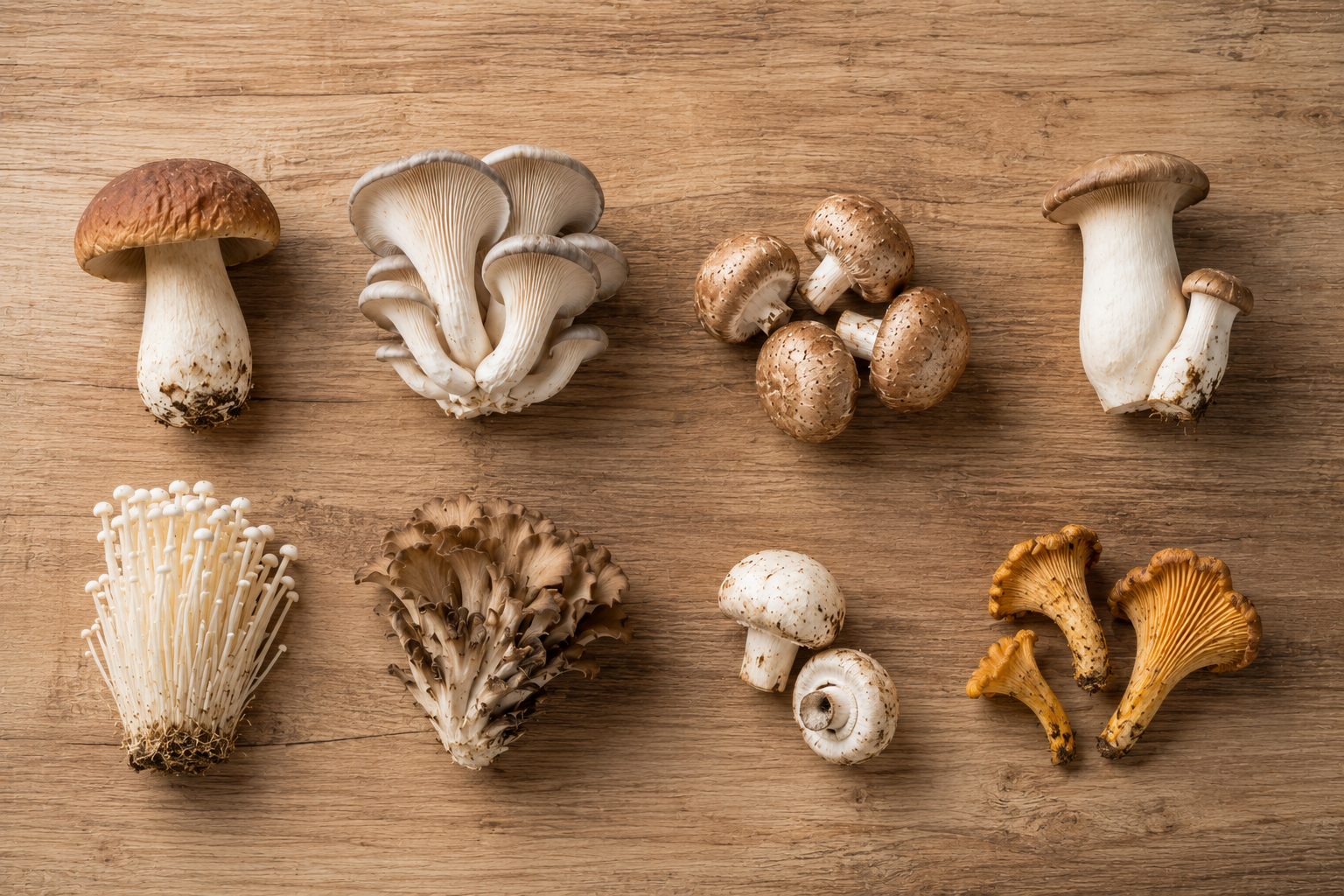Eight premium mushroom varieties—button, oyster, enoki, maitake, cremini, king oyster, white button, and chanterelle—arranged in two rows on a wooden surface. Perfectly set for gourmet preparation with Fissler’s precision-engineered cookware.