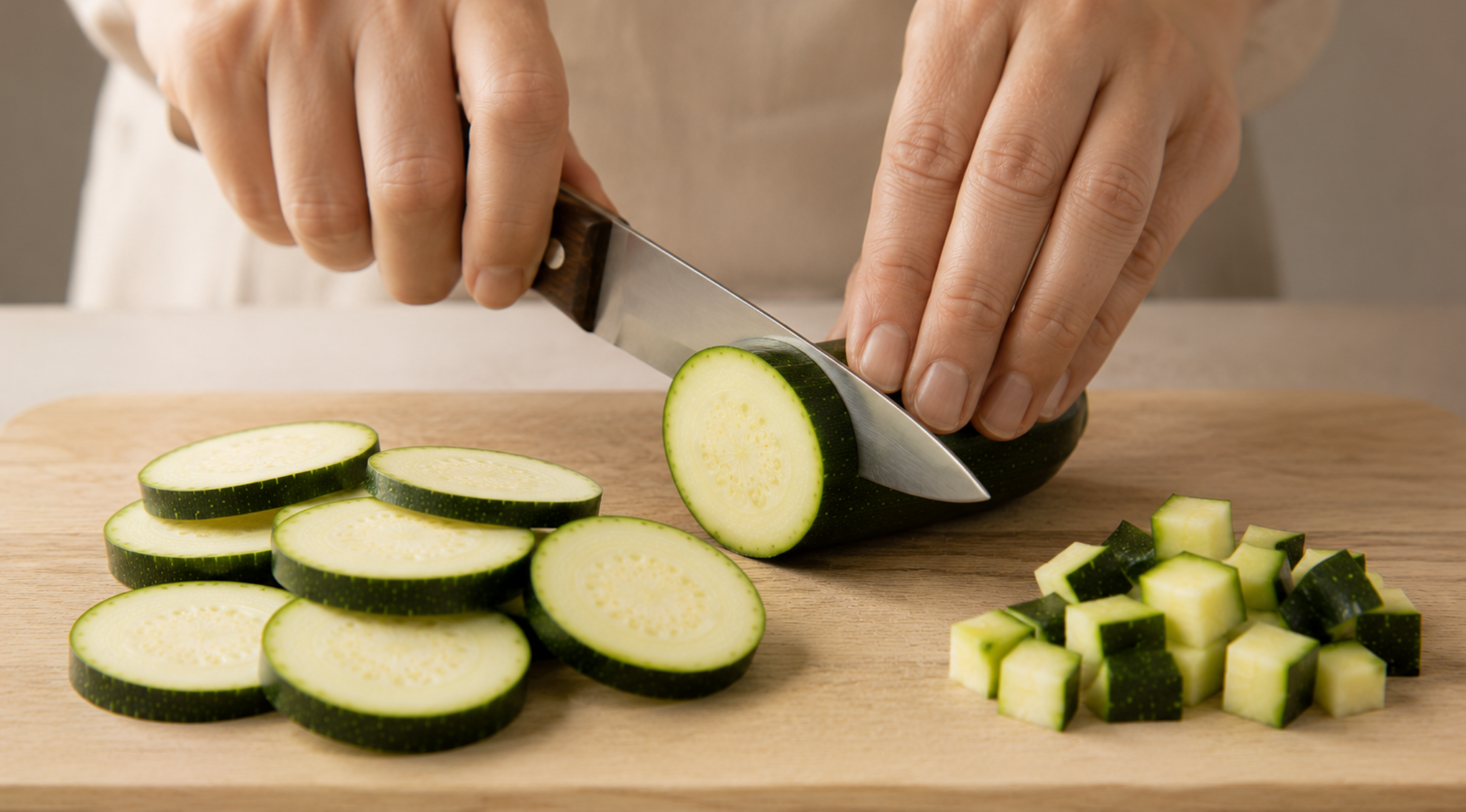 Nahaufnahme von Händen, die eine Zucchini auf einem Holzschneidebrett mit einem präzisionsgefertigten Fissler-Küchenmesser gekonnt in Scheiben schneiden. Die Zucchini-Scheiben und -Würfel unterstreichen den sorgfältigen Zubereitungsprozess und spiegeln Fisslers Engagement für Qualität und zeitloses deutsches Design in jedem kulinarischen Moment wider.