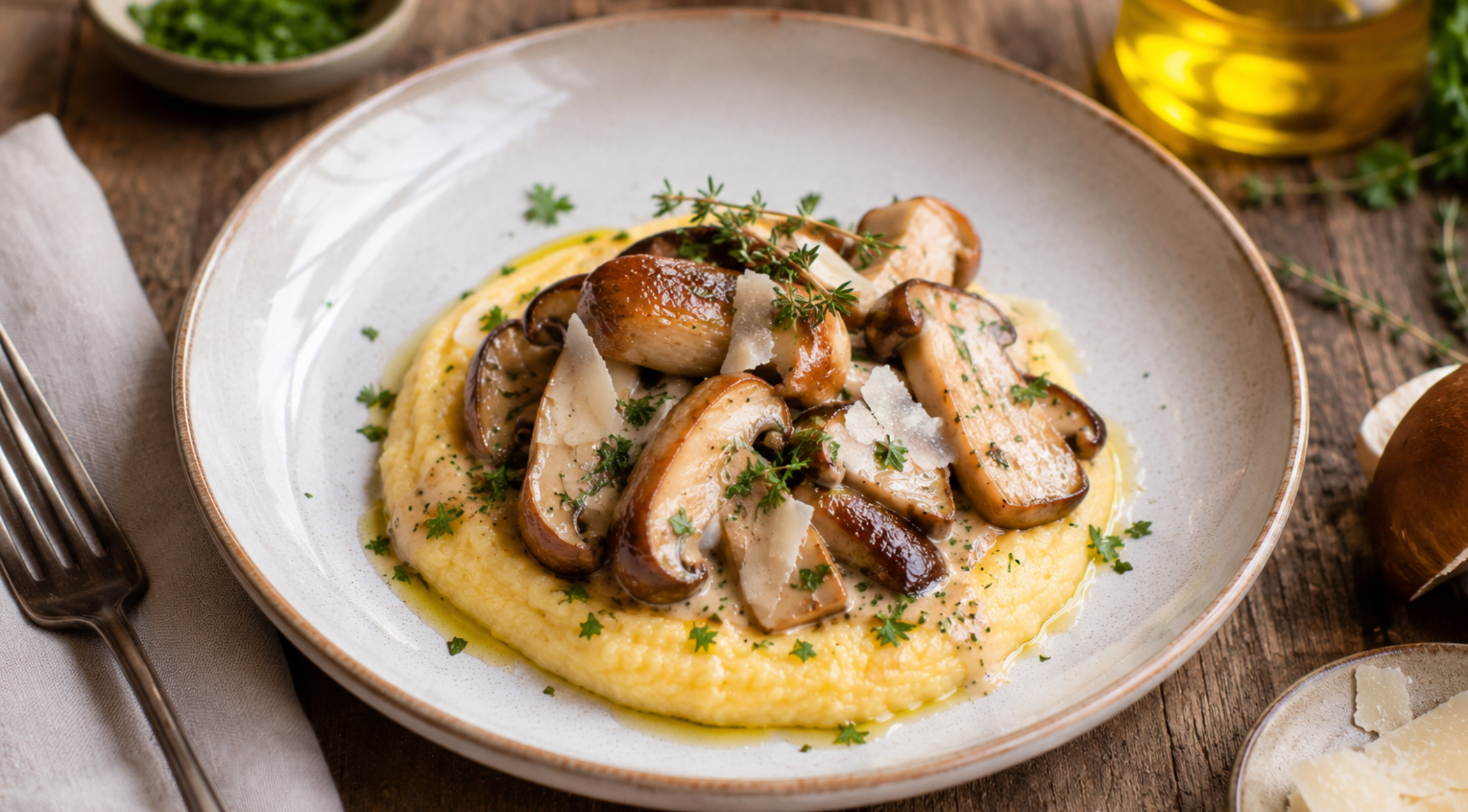 Cremige Polenta, garniert mit sautierten Pilzen, frischen Kräutern und geriebenem Käse, wird elegant auf einem rustikalen Holztisch präsentiert, begleitet von einer Fissler-Gabel aus Edelstahl, einer ordentlich gefalteten Serviette und kleinen Schälchen mit Zutaten. Diese stilvolle Szene unterstreicht die Innovation und Präzision, die mit dem in Deutschland gefertigten hochwertigen Kochgeschirr von Fissler verbunden sind.