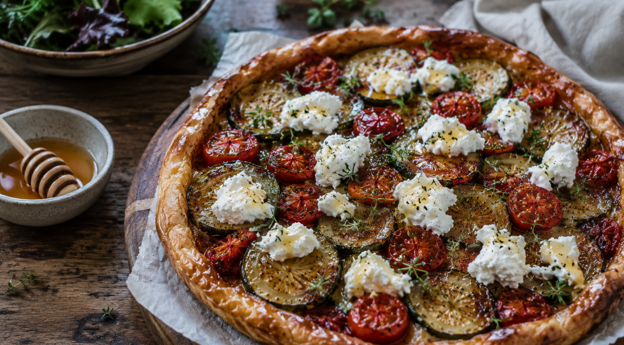 Eine wunderschön gebackene, rustikale Gemüsetarte mit Zucchini, gerösteten Tomaten, Ricotta und frischen Kräutern ruht auf Backpapier und wird zusammen mit einem knackigen Salat und einer kleinen Schale Honig mit einem Honiglöffel serviert. Die elegante Anrichtung unterstreicht die Langlebigkeit und das zeitlose Design des Fissler-Kochgeschirrs und zeigt in jedem Detail präzise Technik – ideal für die Zubereitung und das Servieren von Gourmetgerichten zu Hause.