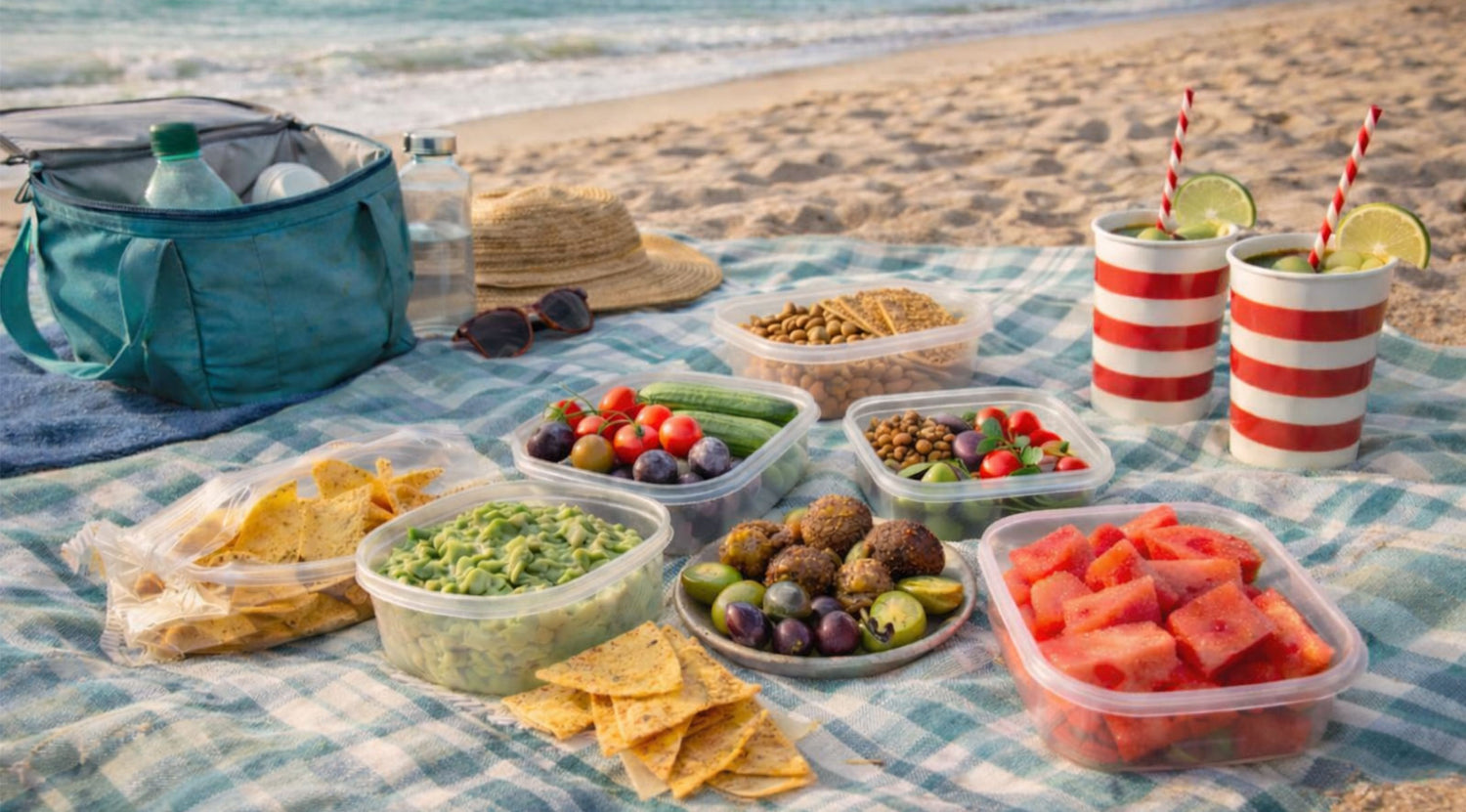 Ein Strandpicknick auf einer karierten Decke mit Snacks und Fissler-Edelstahlbehältern, umgeben von Meerblick und Sommerartikeln.