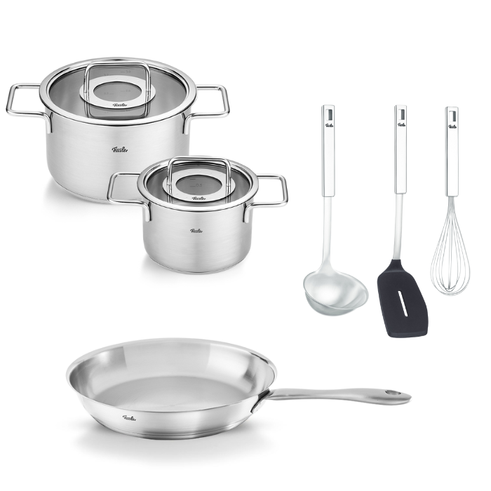 Fissler Starter Cooking Set, 6-piece: Two pots with Lid, Catania Frying Pan, ladle, spatula and whisk in a modern, durable stainless steel design.