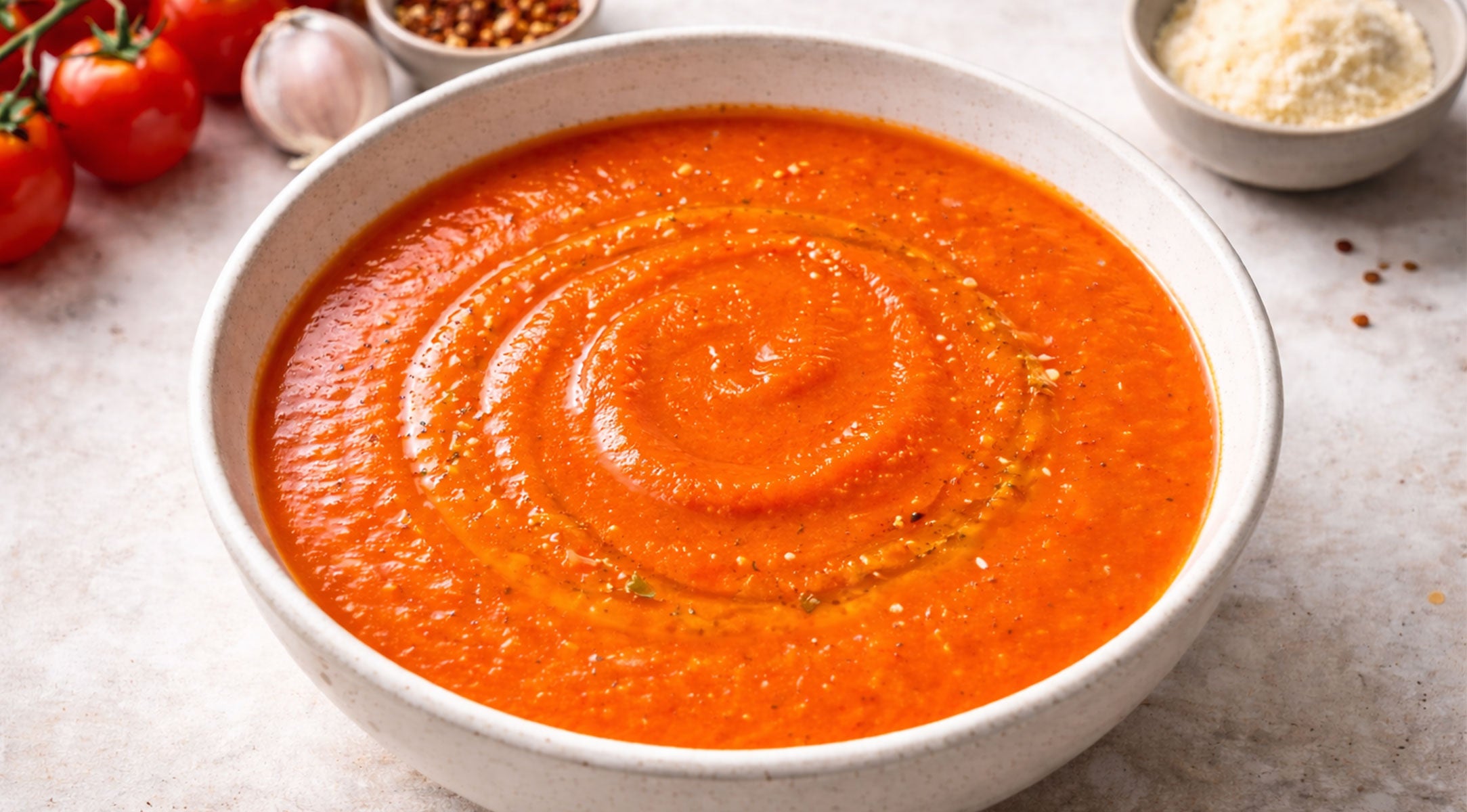 Eine Schüssel mit cremiger Tomatensuppe mit Strudel, serviert im Fissler-Kochtopf, umgeben von Tomaten, Knoblauch, Käse und Gewürzen.