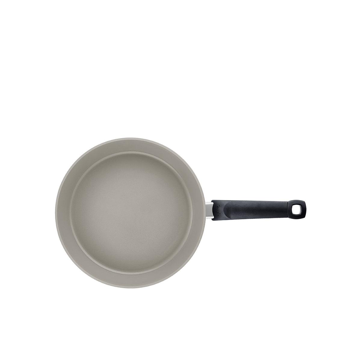 Top view of the Fissler Ceratal® Comfort 26cm frying pan with glass lid, light gray ceramic coating, black handle. Modern & made in Germany.