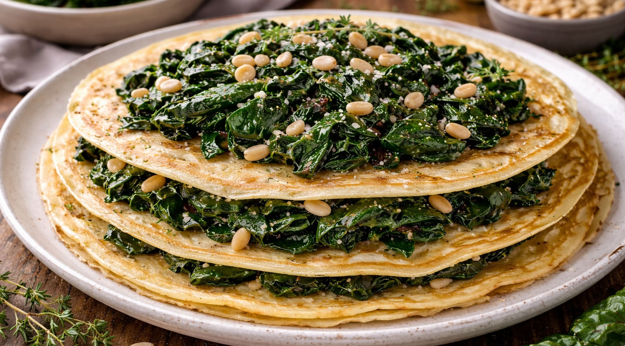 Herzhafte Crêpes mit Spinat und Pinienkernen, elegant angerichtet mit frischen Kräutern - perfekt zubereitet im Fissler Kochgeschirr.