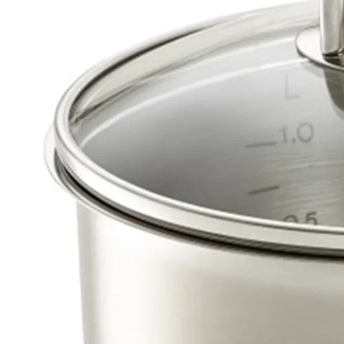 Nahaufnahme eines Fissler-Edelstahltopfs mit Glasdeckel, präzisen Messmarkierungen im Inneren und charakteristischen Griff- und Randdetails.