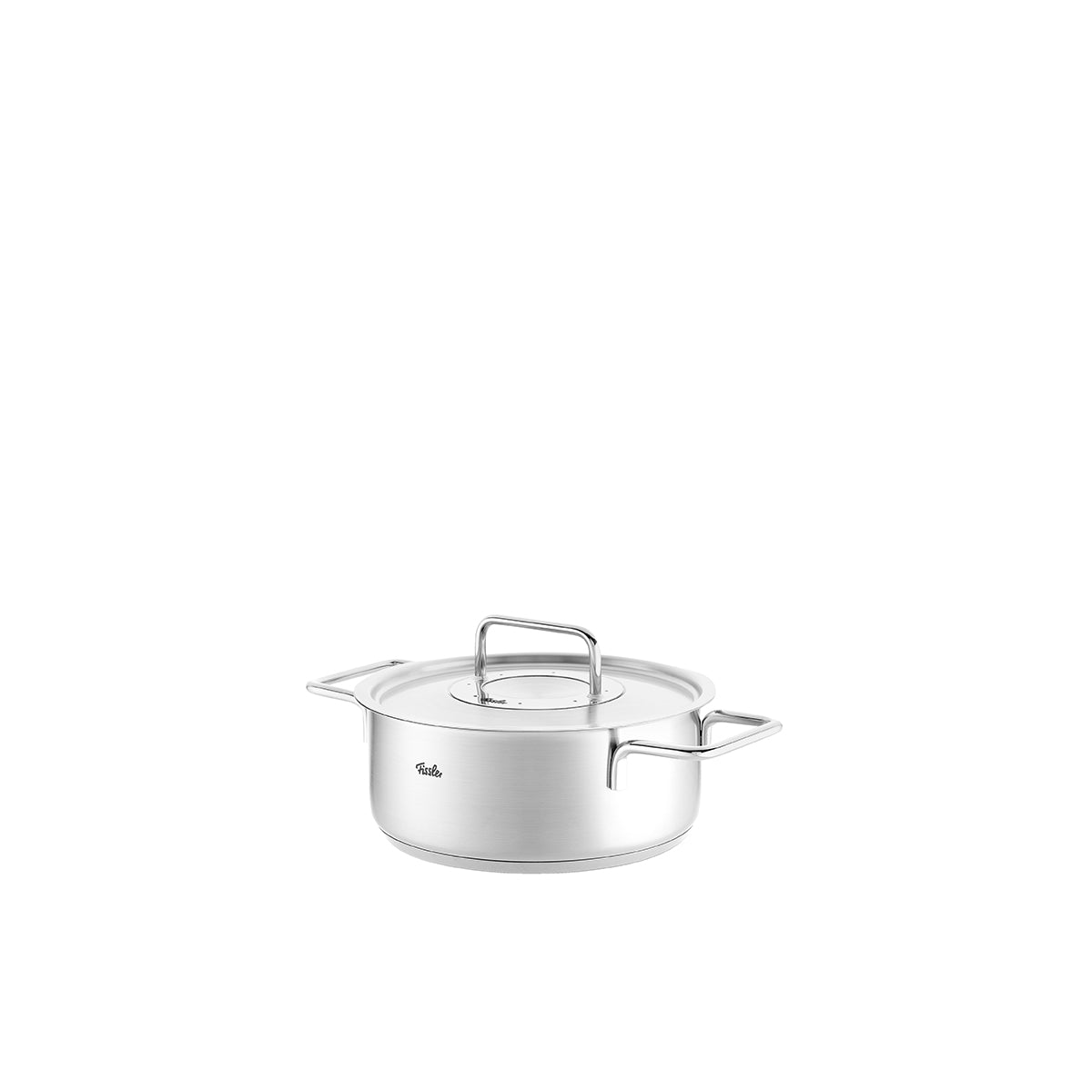 Fissler Pure Collection Bratentopf, recycelter Edelstahl, zwei Griffe, Metalldeckel; kultige deutsche Qualität und zeitloses Design.