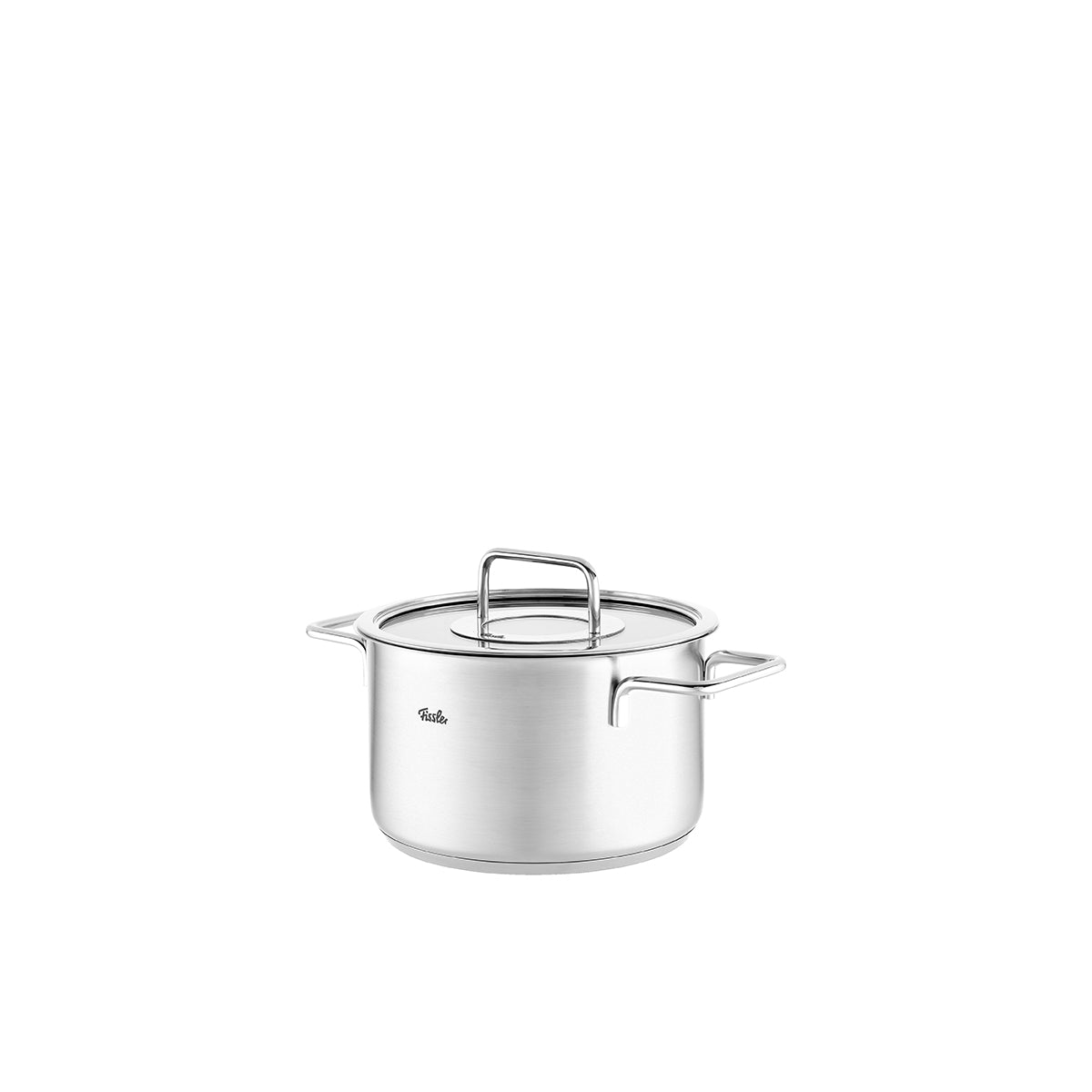 Fissler Pure Collection Kochtopf mit Glasdeckel, zwei Griffen; deutsches Design, langlebiger Edelstahl auf weißem Hintergrund.