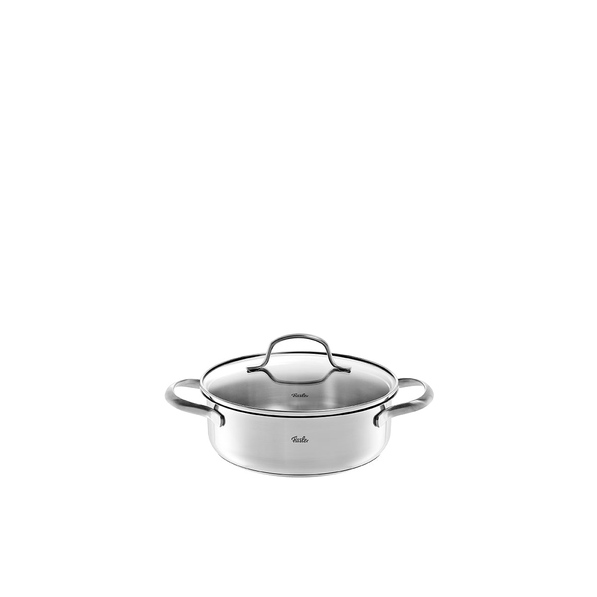 Fissler San Francisco Bratentopf-Der Topf aus 18/10 Edelstahl mit Glasdeckel und seitlichen Griffen, induktionsgeeignet.