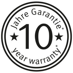 Fissler-Plakette: Rund, mit 10 Jahre Garantie und 10 Jahre Garantie rund um die Zahl 10 - ein Hinweis auf unser jahrzehntelanges deutsches Qualitätsversprechen.
