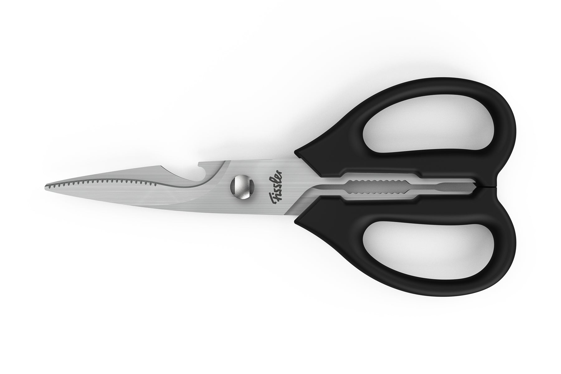 Fissler multi-purpose scissors with bottle opener, black handles, stainless steel blades with micro-serration, on a white background.