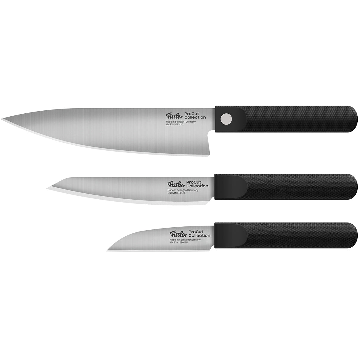 Fissler ProCut 3-teiliges Set: Koch-, Universal- und Gemüsemesser mit rostfreien Klingen und schwarzen Griffen. Präzision made in Germany.