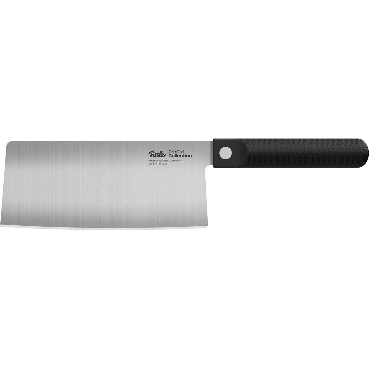 Fissler ProCut Chinesisches Kochmesser 18cm mit rechteckiger rostfreier Klinge, strukturiertem schwarzem Griff und Fissler Messer Solingen Branding.
