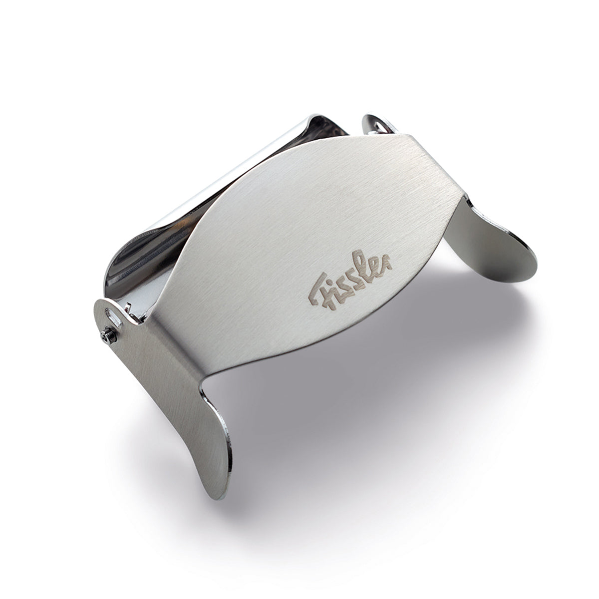 Fissler multi-peeler made of brushed metal, closed, with engraved Fissler logo - precise German design and robust, curved side panels.