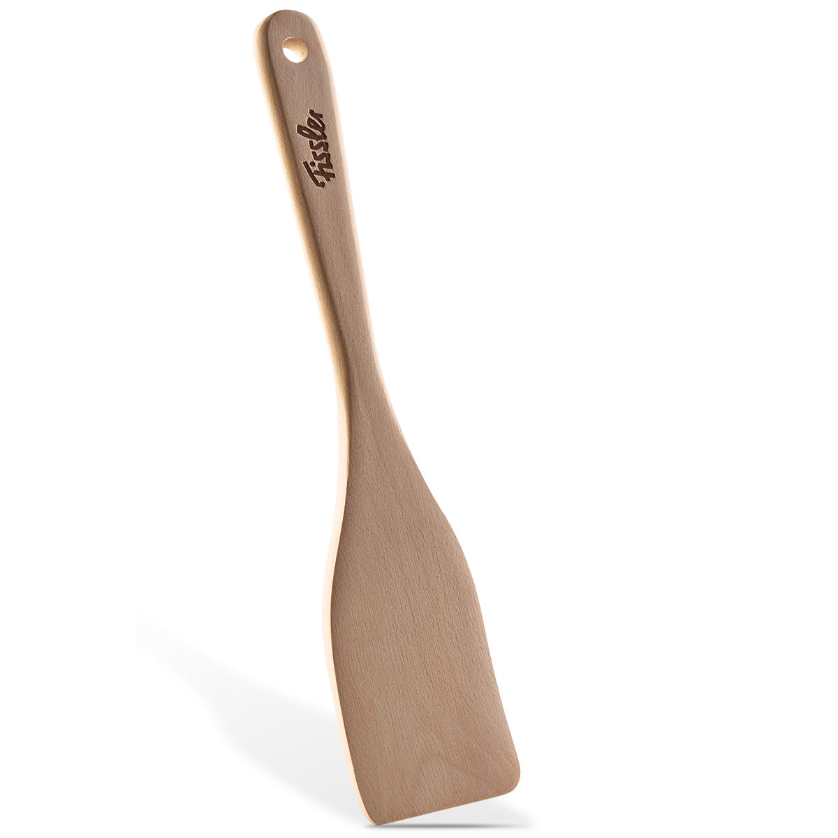 Fissler Wooden Spatula - durable beechwood spatula with a flat blade, long handle, hanging hole, and engraved Fissler logo. Made in Germany.