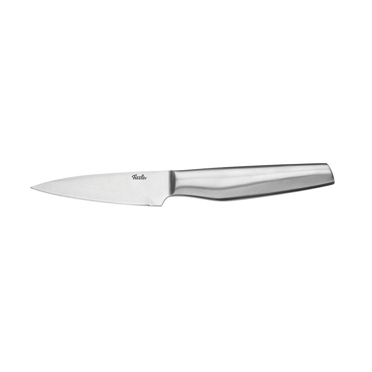 Das Fissler Essential® Schälmesser kombiniert deutsche Präzision und ergonomisches Design mit einer scharfen Klinge aus rostfreiem Stahl, auf weiß.