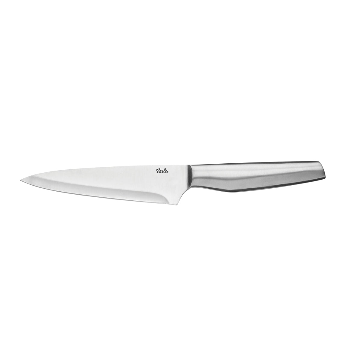 Fissler Essential® Universalmesser mit Präzisionsklinge aus rostfreiem Stahl und ergonomischem Griff, modernes Design auf weißem Grund.