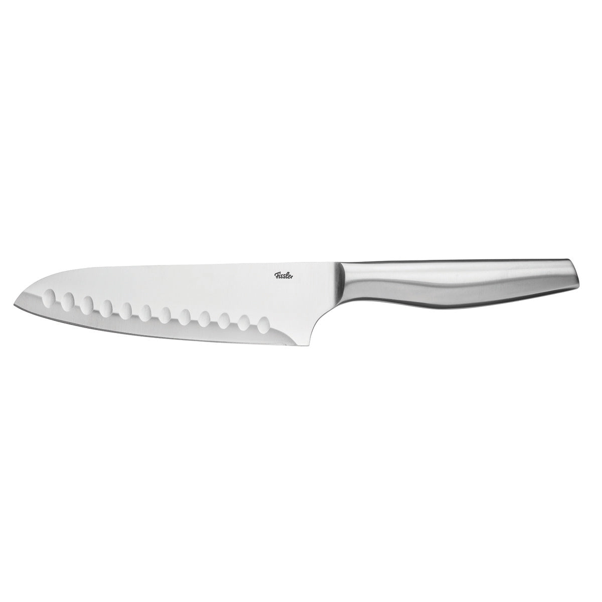 Fissler Essential® Santokumesser 16,5cm: Premium-Edelstahlmesser mit Kullenschliff, ergonomischer Griff, auf weißem Grund.