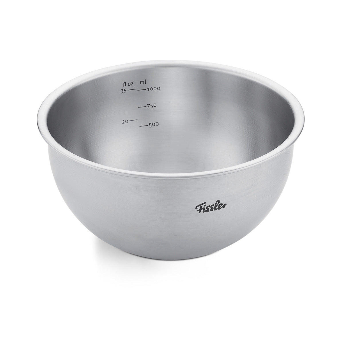 Fissler Essential® Schüssel 16cm: robuste Edelstahlschüssel mit präzisen Messmarken, spülmaschinenfest, Logo außen.