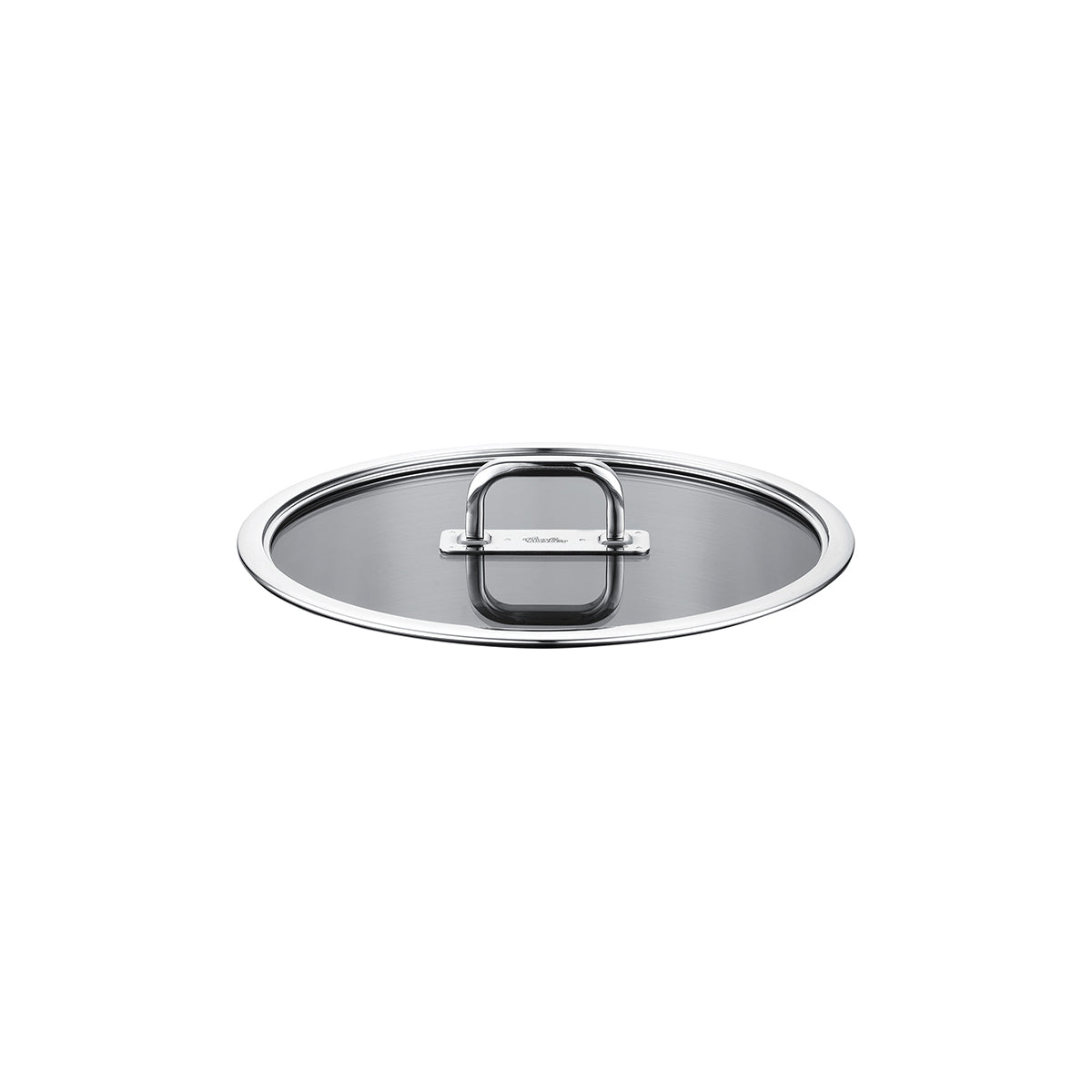 Fissler Viseo® Pro Glasdeckel 16 cm, mit rostfreiem Metallrand und rechteckigem Griff, abgebildet auf weißem Grund - Made in Germany.