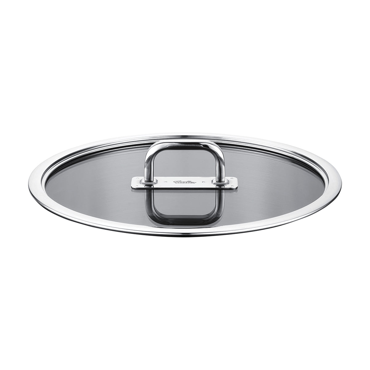 Fissler Viseo® Pro Glasdeckel 24 cm-präzisionsgefertigter, flacher Edelstahldeckel mit Glaseinsatz und Griff für 24 cm Töpfe, auf weiß.