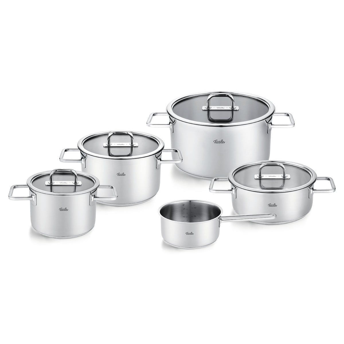 Viseo® Pro 5-tlg. Set: Premium-Edelstahl 18/10, Glasdeckel, Präzisionsfertigung in Deutschland. Enthält Kochtöpfe und Bratentopf.