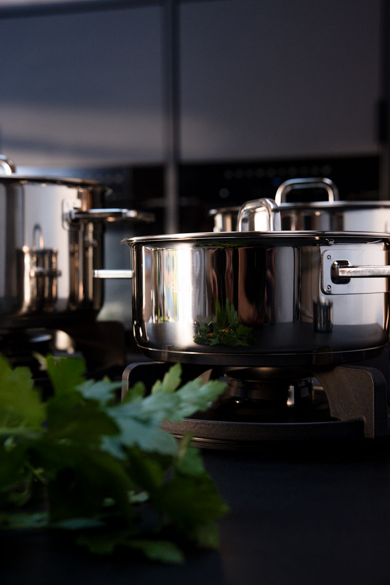 Fissler Viseo® Pro Casserole Pot 20 cm with Glass Lid on a black hob shimmering in the light; fresh herbs highlight the timeless design.